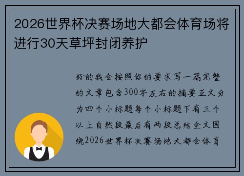 2026世界杯决赛场地大都会体育场将进行30天草坪封闭养护 2026世界杯决赛场地大都会体育场将进行30天草坪封闭养护